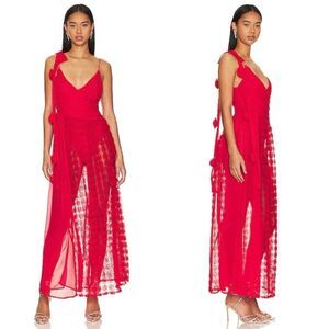 For Love & Lemons Hannah Red Maxi Dress XS Rosette Chiffon Sheer Gown